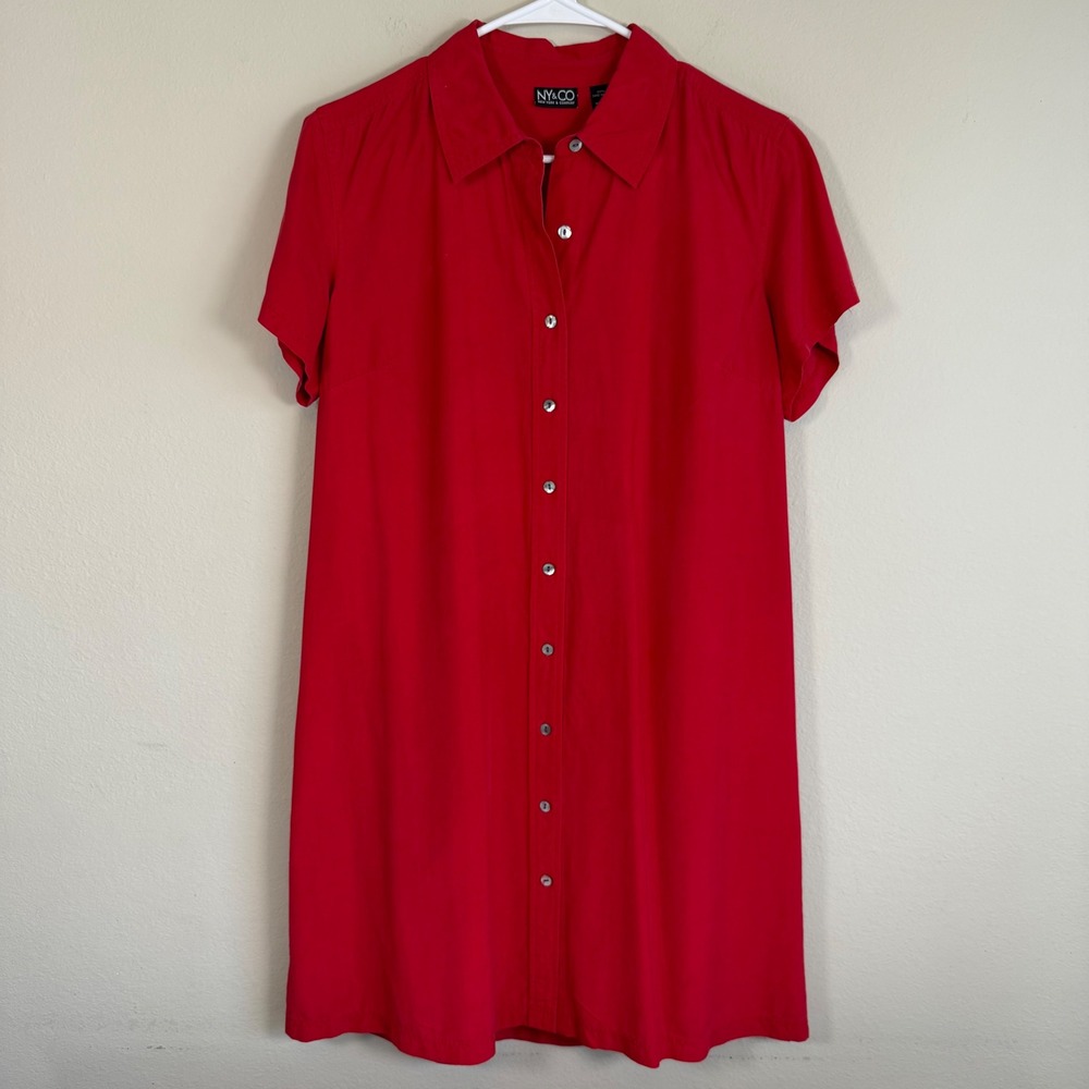 NY & Co 100% Silk Red Shirt Dress Size 10 Button Front Short Sleeve Knee Length
